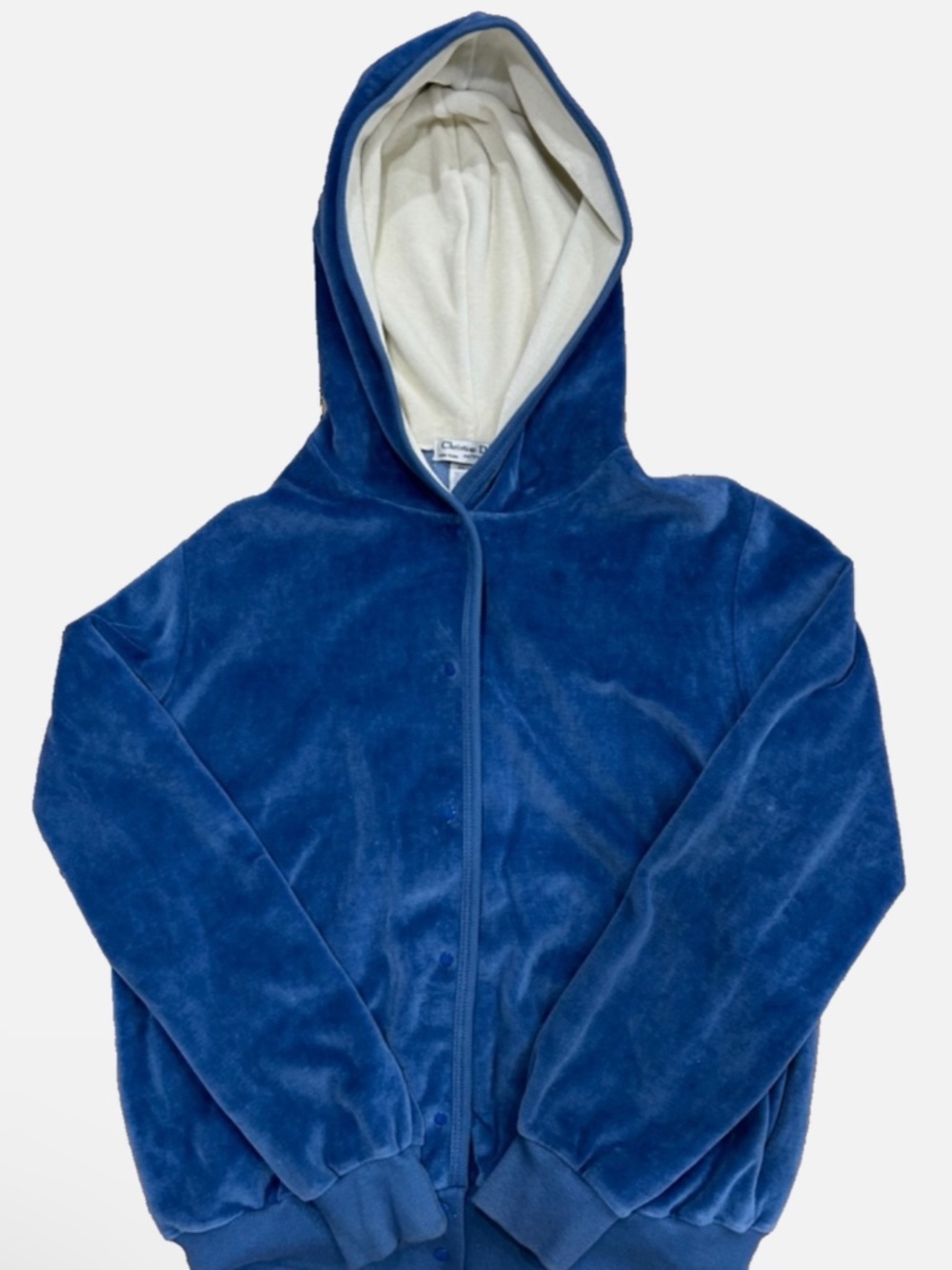 Vintage Christian Dior Blue Velour Women's Sweatshirt Hoodie Snap Up Medium